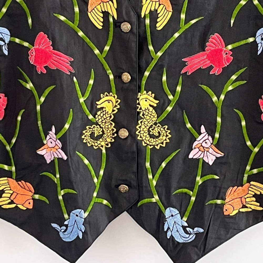 Colorful Embroidered Fish Black Satin Suit Vest Button Front Seahorse Novelty L - Picture 3 of 11